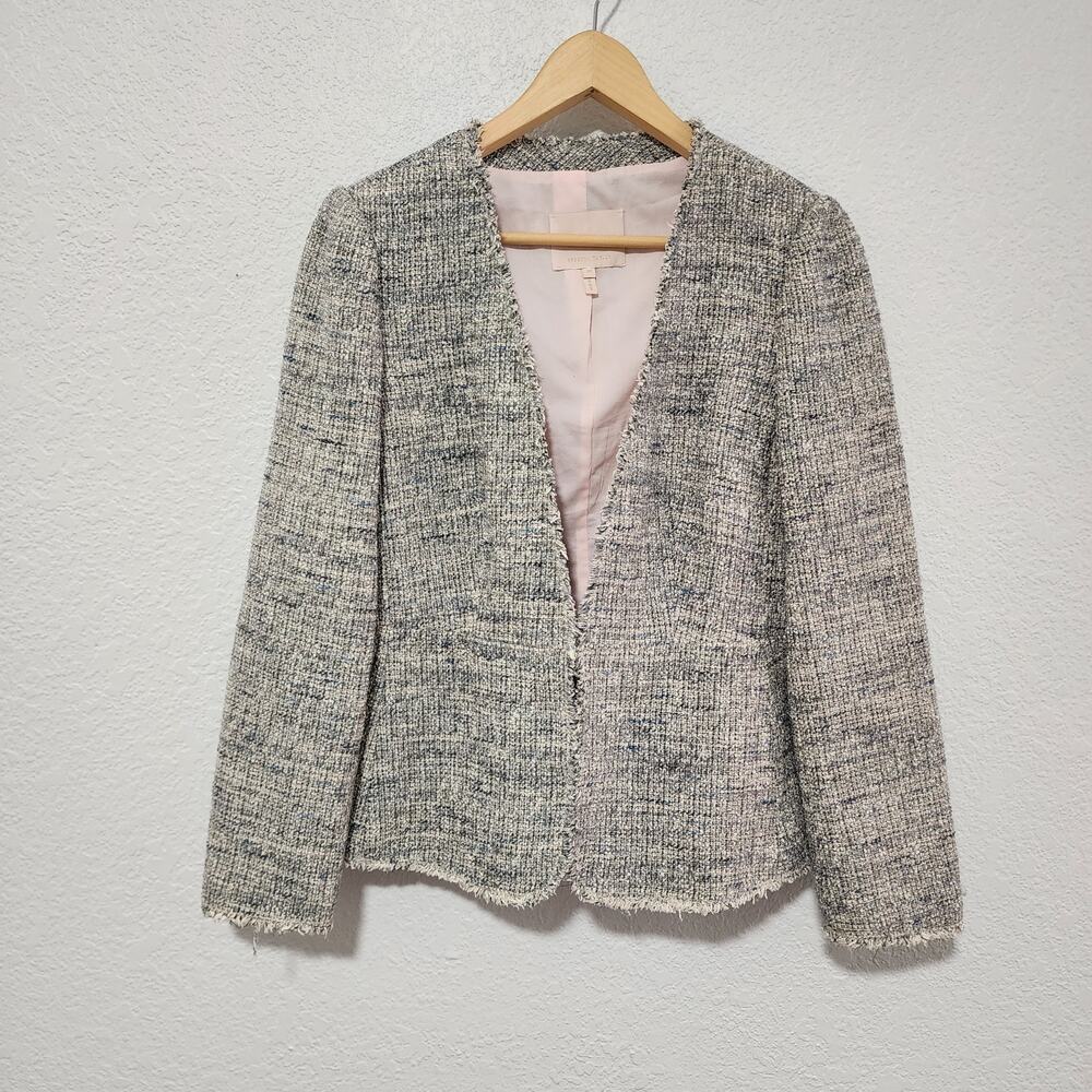 Rebecca Taylor Tweed Open Front Fringe Jacket Blazer Blue Ivory Medium Preppy